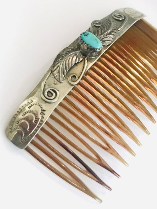 Vintage Navajo Sterling Silver Turquoise Hair Comb Native American